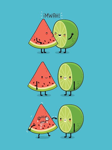 Watermelon Lime Kiss Print | Watermelon Art Print | Lime Art Print |  Kiss | Green Melon Green | Andres Colmenare Cute Puns, Cute Jokes, Funny Illustration, Funny Doodles, Cute Cartoon Drawings, Cute Stories, Cute Memes, Funny Puns, First Kiss