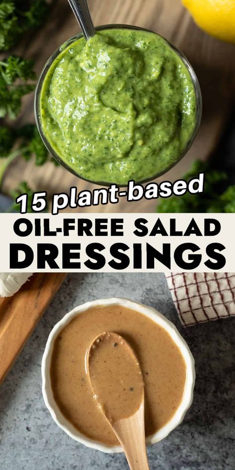 Oil-free salad dressings and sauces are an easy and healthy way to transform any meal from meh to WOW. Ready in minutes with flavors ranging from garlicky and herbaceous to spicy, earthy, and fresh. These homemade salad dressings are so much more delicious than store-bought, healthier, and endlessly versatile. Amazing Salad Dressing Recipes, Oil Free Vinaigrette Dressing Recipe, Essen, Vegan Grain Salad Recipes, Vegetarian Salad Dressing, Whole30 Dressing Recipes, Raw Food Salad Dressings, Oil Free Italian Dressing Vegan, Salad Dressing For High Cholesterol