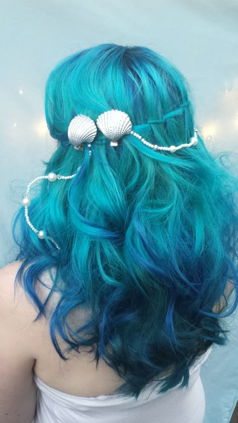 Deep Sea Blue to Bright Aqua Sky Blue. Hair Contest Winner.  #bluehair #hairpainting #HairByAmandaEV Mermaid With Blue Hair, Formal Mermaid Hair, Sea Hair Color, Sea Blue Hair Colour, Mermaid Dyed Hair, Mermaid Hair Dye, Mermaid Inspired Hairstyles, Blue Multicolor Hair, Mermaid Hair Short Hairstyles