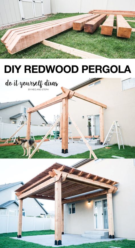 At long last, the much anticipated Redwood Pergola, featuring Humboldt Redwood is finished.  The weather here in Utah has been nice and wet, which is perfect for May flowers, but tough for Pergola building.  But we persevered, and the results are incredible.  This gorgeous DIY Pergola, will no doubt stand the test of time.  Pergola | DIY | Shade Structure | Backyard Shade | Beautiful Natural Landscaping | Wood Pergola | Building Material for Backyard Diy Wood Canopy Outdoor, Pallet Pergola Diy, 2x4 Pergola Diy, Diy Shade Structure, Shaded Patio Ideas, Easy Diy Pergola Cheap, Diy Floating Deck With Pergola, Diy Pergola Freestanding, Diy Covered Pergola