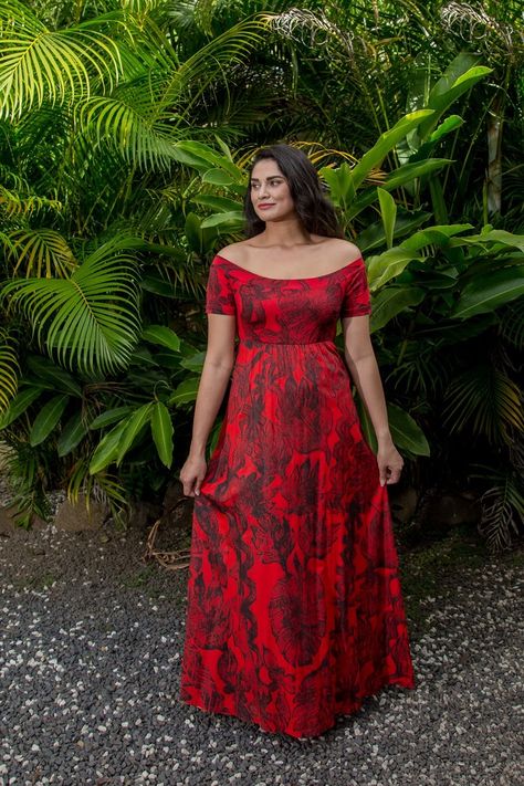 Red Tarani Dress Long  empire A-Line #curves #pacificfashion #fashion #polynesian #cookislands Pacific Island Dress Patterns Party, Tahitian Dress Wedding, Island Dresses Pacific Plus Size, Tav Pacific Dresses, Polynesian Dress Patterns, Pacific Island Dress, Polynesian Dresses, Samoan Dress Patterns, Island Dresses Pacific