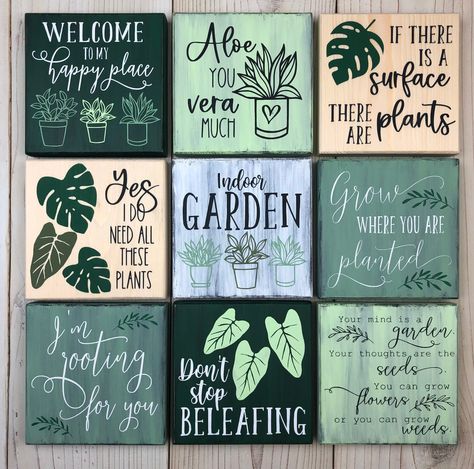 "The perfect addition to your indoor garden, these rustic mini signs go great on any shelf, mantle, or tiered tray. They can stand alone, lean, or a sawtooth hanger can be added for mounting on the wall. Each mini sign is handcrafted with love and care from scratch from new wood, sanded smooth, and painted your color choice. Each mini sign is about 4.5\" wide, 4.5\" tall, and 3/4\" deep. Each one will be lightly sealed for protection against minor scuffs and scratches. How to create your custom Indoor Garden Decor, Plant Signs, Shelf Mantle, Mini Signs, Garden Illustration, Laser Ideas, Garden Mini, Plant Decor Indoor, Garden Quotes