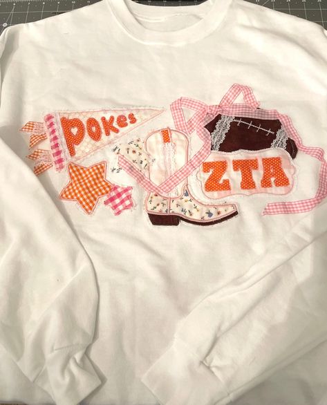 Sorority Pin Attire, Patchwork School Sweatshirt, Pennant Hoodie Diy, Sewed Sweatshirt, Patchwork College Sweatshirt, Diy College Merch, Cute Sorority Merch, Pennant Sweatshirt, Neutral Sweatshirt