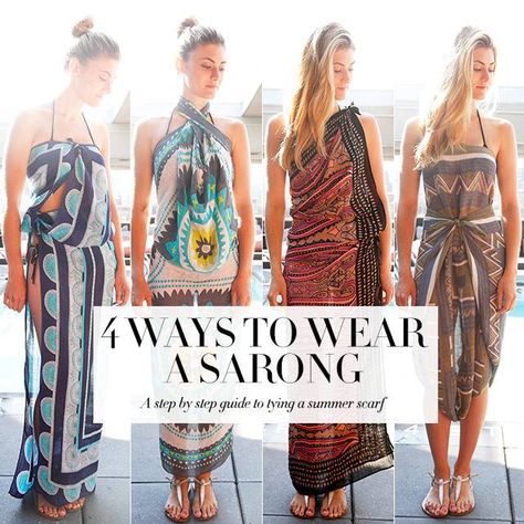 http://www.harpersbazaar.com/fashion/fashion-articles/how-to-tie-a-sarong Sarong Clip, How To Tie A Sarong, Sarong Tying, Sarong Dress, Sarong Wrap, Sarong Skirt, Beach Sarong, Bali Fashion, Fashion Articles