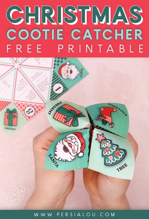 Free Printable Christmas Cootie Catcher / Joke Teller - Persia Lou Cootie Catcher Template, Cute Dinosaur Coloring Pages, Handmade Paper Cards, Santa Coloring Pages, Cootie Catcher, Santa Gift Tags, Christmas Craft Ideas, Elf Activities, Christmas Jokes