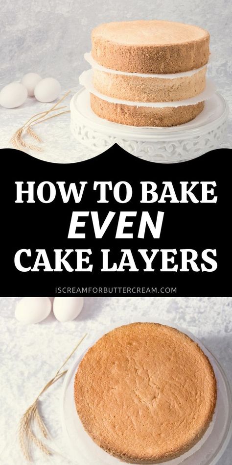 Image of cake layers with text overlay. How To Make Flat Cake Layers, How To Make Even Cake Layers, How To Frost A Layer Cake, Double Layer Cake Recipes, Flat Cake Layers How To Get, How To Make A 2 Layer Round Cake, Even Cake Layers How To Get, 2 Layer 8 Inch Round Cake, 3 Layer 8 Inch Cake