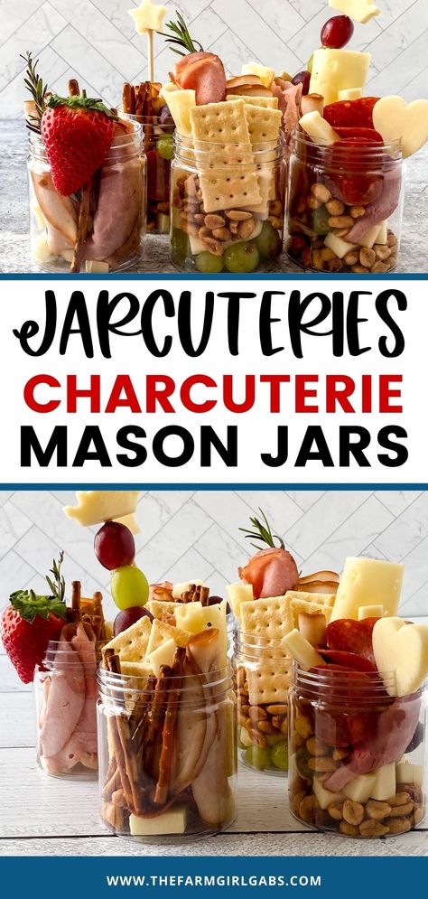 Do you love making charcuterie boards? Why not personalize them. Jarcuterie Mason Jars are a fun alternative to a charcuterie board. These mason jar appetizers are individually portioned in mason jars. They are an easy party idea to serve at your next gathering. Fill these mason jars with your favorite cheeses, meats and condiments for a perfectly portioned snack idea. These Charcuterie Mason Jars are your own personal charcuterie board. Jarcuterie In A Jar Ideas Christmas, Jar-cuterie Ideas, Jar Charcuterie Board, Mason Jar Appetizers, Jarcuterie In A Jar Ideas, Mason Jar Food Ideas, Jar Appetizers, Jarcuterie Ideas, Jar Charcuterie