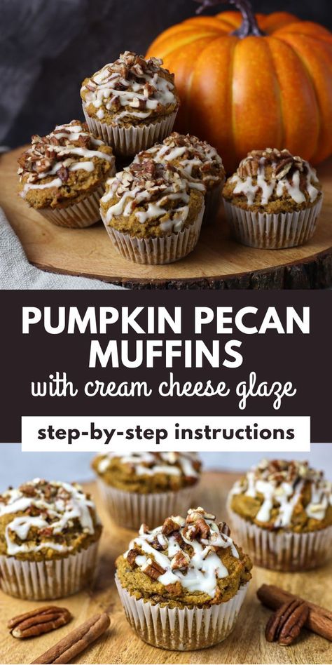 Pumpkin Pecan Muffins With Cream Cheese Glaze Pumpkin Recipes With Cream Cheese, Pumpkin Seed Dessert, Pumpkin Pecan Muffins, Pecan Muffins Recipe, Muffins With Cream Cheese, Pecan Muffins, Pumpkin Pie Spice Mix, Leftover Pumpkin, Pumpkin Cranberry