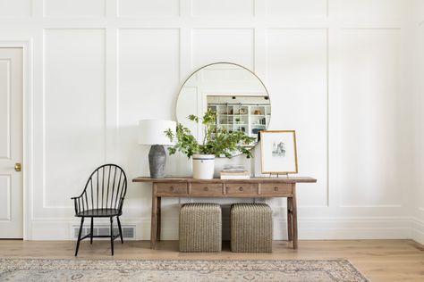 Home on The Ranch: Entry Library & Mudroom - Studio McGee Entrance Way Mirror, Entryway Ideas Studio Mcgee, How To Style An Entryway, Studio Mcgee Entry Table, Entry With Chair, Studio Mcgee Hallway, Puff Seating, Entryway With Seating, Studio Mcgee Entry