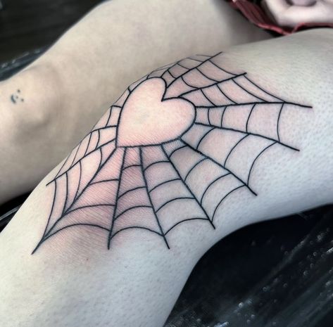 Pink Spider Web Tattoo, Heart Web Tattoo Elbow, Kneecap Spiderweb Tattoo, Spiderweb Heart Tattoo Elbow, Spider Wed Tattoos On Knee, Heart Web Knee Tattoo, Spider Web Tattoo Kneecap, Spider Web Elbow Tattoos For Women, Heart Spiderweb Knee Tattoo