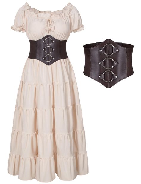 PRICES MAY VARY. Package includes:Women medieval renaissance long dress*1,stretchy PU leather corset waist belt*1,2-piece set. Material: Polyester,well made, soft and comfortable to wear, renaissance off shoulder top dress medieval costume outfit.The neckline has an adjustable drawstring, which can be perfectly adjusted to fit your size. Elegant renaissance pirate costume medieval chemise peasant long dress with off shoulder design,adjustable drawstring lace ruffles trim neckline,pleated body dr Tavern Maiden Costume, Ren Faire Dress, Wench Costume, Corset Waist Belt, Costume Pirate, Classy Halloween Costumes, Pirate Dress, Pirate Cosplay, Female Pirate Costume