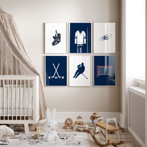 Hockey Kids Room, Boys Hockey Bedroom, Hockey Images, Hockey Nursery, Hockey Bedroom, Baseball Bedroom, Hockey Room, Boy Nursery Themes, Big Kids Room