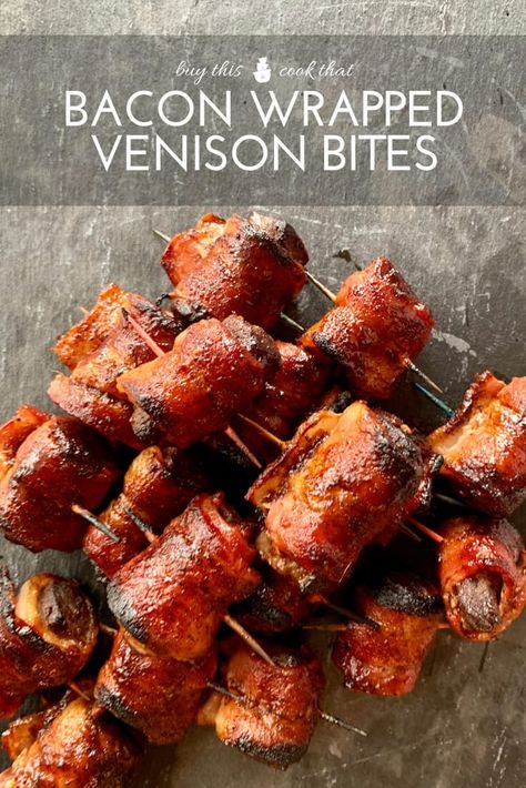 Venison Roll Ups, Venison Appetizers Snacks, Bacon Wrapped Deer Tenderloin In Oven, Easy Venison Dinner Recipes, Venison Sauce Piquant, Bacon Wrapped Deer Backstrap, Deer Meat Appetizers, Bacon Wrapped Backstrap In The Oven, Venison Thanksgiving Recipes