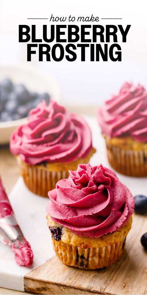 Blueberry Buttercream Frosting Blueberry Buttercream Frosting, Freeze Dried Blueberries, Easy Blueberry Desserts, Blueberry Buttercream, Homemade Frosting Recipes, Blueberry Frosting, Homemade Baked Goods, Strawberry Buttercream Frosting, Lemon Cheesecake Bars