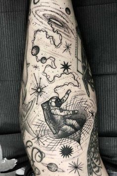 Men’s Sleeve Tattoo Space, Spaced Out Tattoo Sleeve, Space Patchwork Tattoo Sleeve, Time Is Relative Tattoo, Space Arm Sleeve Tattoo, Out Of This World Tattoo Ideas, Patchwork Space Tattoos, Men Space Tattoo, Unique Space Tattoos