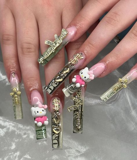 this money set😍😍😍 . . . . . . . #moneynails #greennails #xx/nails #2x/nails #goldnails #hellokitty #hellokittynails #cutenails #nails #nailsnailsnails #nailinspo #hesperia #victorvillenails #hesperianails #nailtech #hd #ie #nailtechnearme Money Inspired Nails, Short Money Nails, Money Nail Set, Money Acrylic Nail Design, Money Set Nails, 20th Birthday Nail Ideas, Money Nails Acrylic, Dollar Nails, Chicana Nails