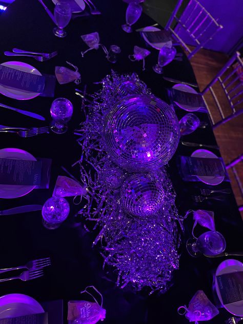 Euphoria Themed Prom, Euphoria Sweet 16 Dresses, Euphoric Prom Theme, Sweet 16 Decorations Purple And Silver, Euphoria Table Decor, Euphoria Prom Theme Decor, Violet Twilight Prom Theme, Purple Sweet 16 Table Decorations, Euphoria Party Table Decor