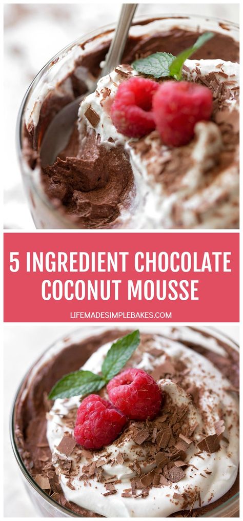 A rich and decadent dessert that is perfect for summer! This totally effortless 5 ingredient chocolate coconut mousse is dairy-free, gluten-free, low carb and no-bake. #chocolatecoconutmousse #5ingredientchocolatecoconutmousse #5ingredientmousse #chocolatemousse Coconut Cream Chocolate Mousse, Coconut Milk Chocolate, Coconut Mousse, Coconut Hot Chocolate, Life Made Simple, Coconut Baking, Healthy Valentines, Chocolate Mousse Recipe, Paleo Desserts