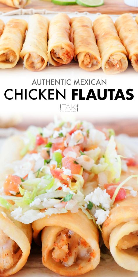 Delicious Chicken Flautas are tightly rolled tacos with a cheesy chicken filling, wrapped in a crispy, golden flour tortilla. Serve them as an appetizer or as an authentic Mexican dinner at home! Mexican Chicken Flautas, Tortilla Appetizers, Authentic Mexican Dinner, Chicken Flautas Recipe, Flautas Recipe, Rolled Tacos, Chicken Flautas, Flour Tortilla, Mexican Dinner