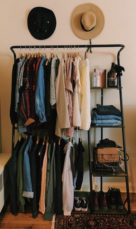 Creating A Capsule Wardrobe, Clothing Rack Bedroom, Wardrobe Revamp, Closet Rack, No Closet Solutions, Open Closet, Beauty Boost, Eclectic Living, Power Of Makeup