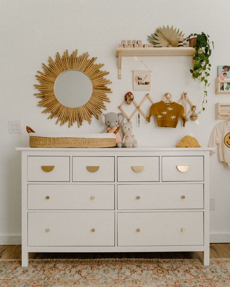 Modern, cozy nursery dresser & wall decor for baby girl Nursery Wall Decor Above Crib, Nursery Dresser Changing Table, Baby Girl Dresser, Day Bed Decor, Dresser Wall Decor, Nursery Collage, Changing Table Decor, Girl Dresser, Cozy Nursery