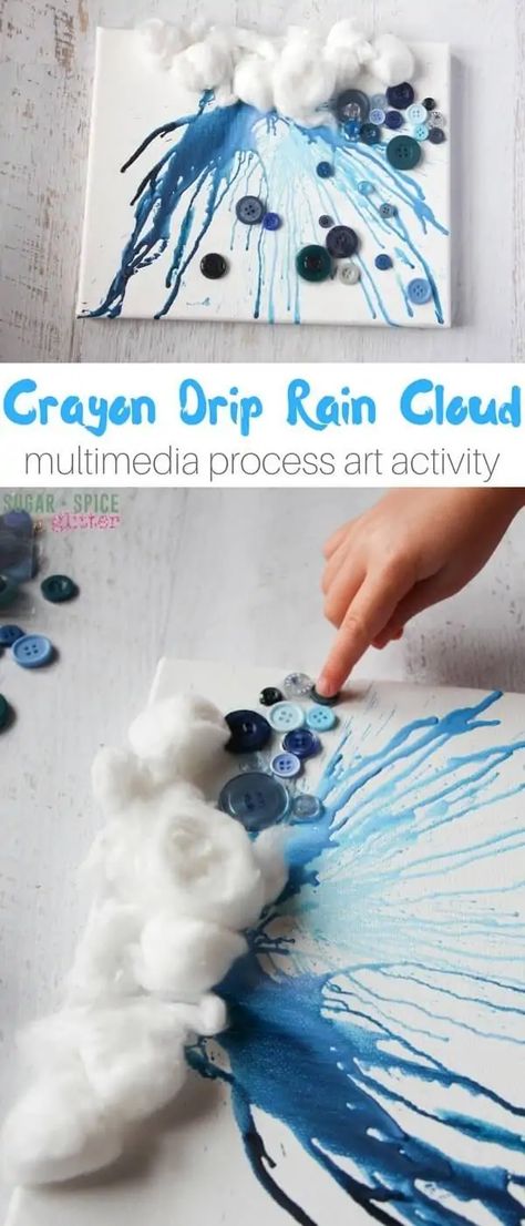 This crayon drip rain cloud "painting" is an awesome process art project for kids on a rainy day. This post discusses why process art is great for kids and tips for successfully creating this project, or one similar to it! Rain Crafts, Rain Art, Rain Cloud, Cloud Art, Easy Art, Kindergarten Art, Cloud Painting, Spring Art, Camping Art