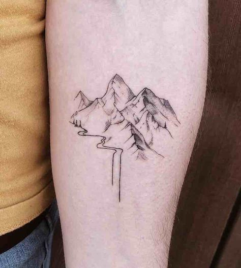 23 Remarkable Mountain Tattoos - Tattoo Insider Butterfly Tattoos, Tiny Tattoo, Moutain Tattoos, River Tattoo, Music Tattoo Sleeves, Shape Tattoo, Landscape Tattoo, Tattoos Geometric, Mountain Tattoo