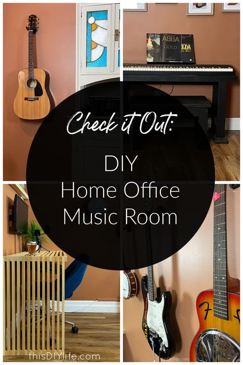 Welcome to our DIY Home Office Music Room! We have a hardworking, multitasking room that combines computer desks with a warm, modern organic décor. We’re sharing tons of DIY music room office ideas including: DIY computer desks, DIY art ledges, DIY computer monitor brackets, piano keyboard stand and bench from 2x4s, guitar display and more. Keyboard Room Decor, Music Room Office Ideas, Guest Room Music Room Combo, Practice Room Music, Office And Music Room Combo, Music Room Office Combo, Music Room Inspiration, Office Music Room Combo, Diy Music Room