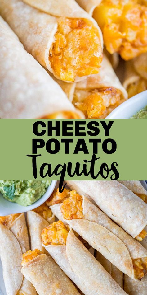 These Cheesy Potato Taquitos are perfectly seasoned and baked to perfection making them a healthy and filling choice for dinner, lunch or breakfast! They're easy to make, freezer friendly and both kids and adults enjoy them! #taquitos #mexicanfood #kidfriendly #kidfriendlydinner #vegetarian Potato Taquitos, Tacos Dorados, Cheesy Potato, Kid Friendly Dinner, Cheesy Potatoes, Freezer Friendly, Nachos, Lunch Recipes, Ingredients Recipes