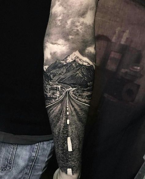 Tattoos... on Twitter: "Artist: Steve Butcher… " Sleeve Drawings Tattoo, Train Tattoo, Scenery Tattoo, Nature Tattoo Sleeve, Motorcycle Tattoos, Biker Tattoos, Landscape Tattoo, Forest Tattoos, Volkswagen Camper