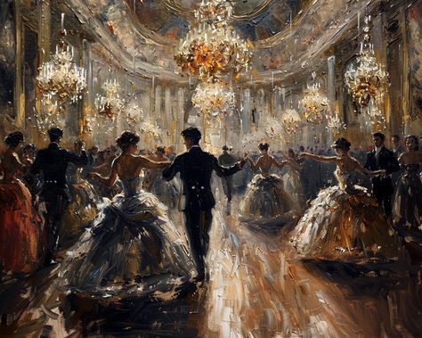 Step into an era of elegance with our "Ballroom Bliss" painting. This exquisite piece captures a grand ballroom scene from the 19th century, where elegantly dressed men and women dance gracefully under sparkling chandeliers. The luxurious decor, detailed gowns, and formal suits create a lively and sophisticated atmosphere, bathed in golden light reflecting off the ornate chandeliers and polished wooden floor. Perfect for adding a touch of classic charm to any space, "Ballroom Bliss" is a timeless celebration of beauty and refinement. Features: * Ayous wood .75″ (1.9 cm) thick frame from renewable forests * Paper thickness: 10.3 mil (0.26 mm) * Paper weight: 189 g/m² * Lightweight * Acrylite front protector * Hanging hardware included * Blank product components in the US sourced from Japan Ballroom Painting, Victorian Era Art, Old Dance, Ballroom Scene, Quick Diy Gifts, Luxurious Decor, Women Dance, Grand Ballroom, Art Old