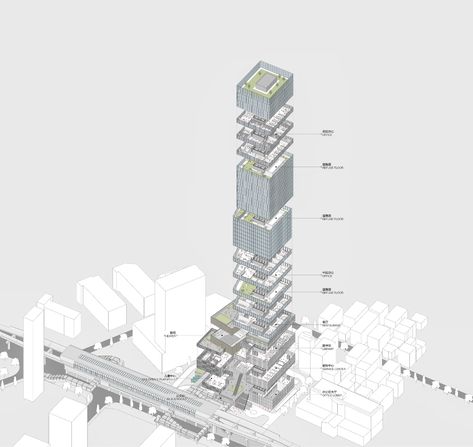 Idea 3207070: Lianrun Office Tower and Cultural Center by Shenzhen Huazhu Architectural & Engineering Design Co., Ltd Tower Architecture Concept, High Rise Building Concept Sketch, High Rise Building Concept, Tower Structure Architecture, Office Tower Architecture, Mixed Use Tower Architecture, Floor Plan Sketch, Axonometric Drawing, Architecture Design Process