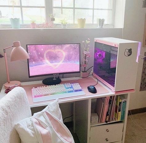 i wanna know where i can get the background 😭😭😭 Aesthetic Pc Setup, Gaming Desk Setup, Kawaii Bedroom, Otaku Room, Gamer Room Decor, Video Game Room Design, Gaming Room Setup, Cute Room Ideas, Gamer Room