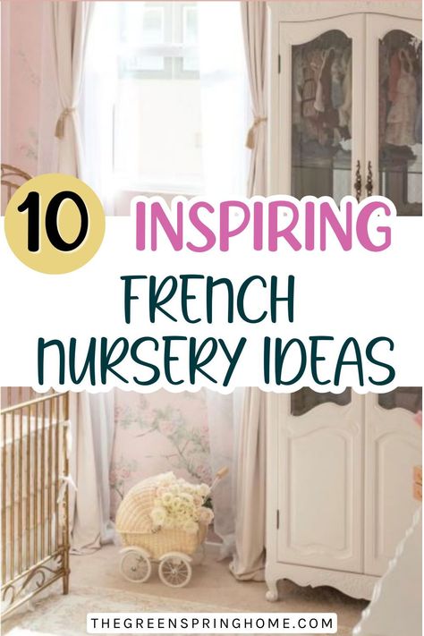 Looking to create a dreamy French nursery for your little one?! You’re going to love these 10 darling French-inspired ideas to help you decorate baby’s room.  Whether you want to keep the room neutral or use a soft, gender-specific color scheme, we’ve got you covered with French nursery ideas for the entire room.  Let’s get started! European Nursery Ideas, Parisian Nursery Vintage, French Nursery Ideas, French Theme Nursery, French Inspired Nursery Girl, French Themed Nursery, French Country Nursery Girl, French Country Nursery Ideas, French Kids Room