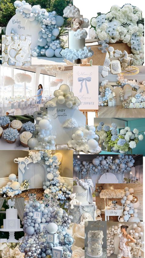 Dior Baby Shower Theme, Dusty Blue Baby Shower Ideas, Cloud Baby Shower Theme, Blue Baby Shower Decorations, Simple White Wedding, Gender Reveal Baby Shower Themes, Winter Baby Shower Themes, Classy Baby Shower, First Communion Decorations