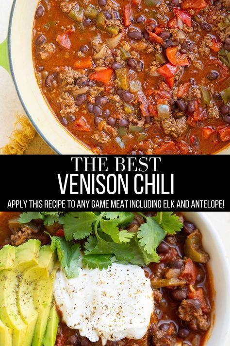 This delicious Venison Chili recipe is easy to customize and is the perfect way to use ground game meat. Combining all of the health benefits of game meat with all the iconic chili flavors results in a hearty meal that you’ll want to put on repeat. Moose Chili Recipes, Deer Chilli Recipe, Venison Chilli, Slow Cooker Venison Chili, Deer Chili Recipe, Venison Chili Recipe, Basic Chili, Venison Chili, Venison Burgers