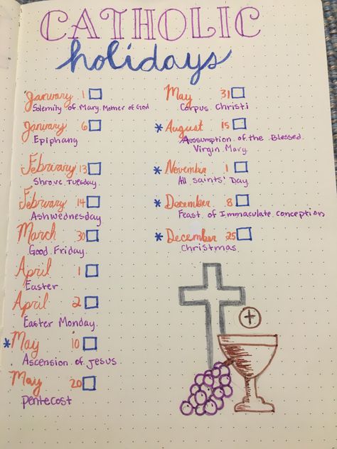 Catholic holidays bullet journal Organisation, Catholic Journal Prompts, Catholic Bullet Journal, Prayer Bullet Journal, Catholic Bible Journaling, Catholic Journaling, Catholic Journal, Catholic Holidays, Catholic Symbols