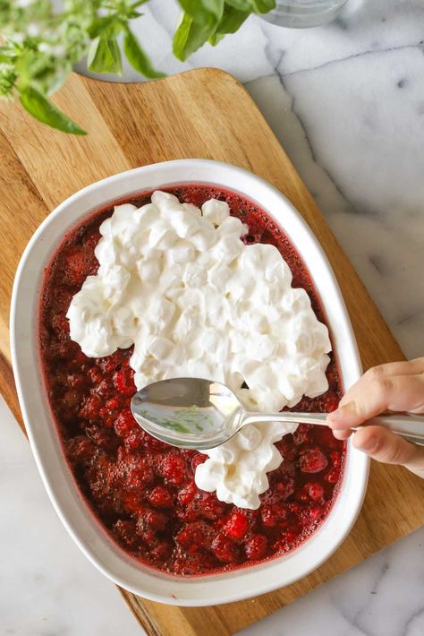 This Raspberry Jello Salad could not be easier to make, and it looks so beautifully bright and festive on a holiday table. Raspberry Jello Recipes, Raspberry Salad Recipes, Easter Jello, Raspberry Jello Salad, Fluff Salads, Jelly Salad, Raspberry Jello, Pomegranate Jelly, Raspberry Salad