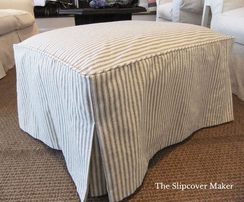 10 Simple Ottoman Slipcover Ideas for DIY Decorators | The Slipcover Maker Stripe Ottoman, Diy Ottoman, Rectangle Ottoman, Slip Covers, Ottoman Slipcover, Upholstery Diy, Ottoman Design, Ottoman Cover, Cube Ottoman