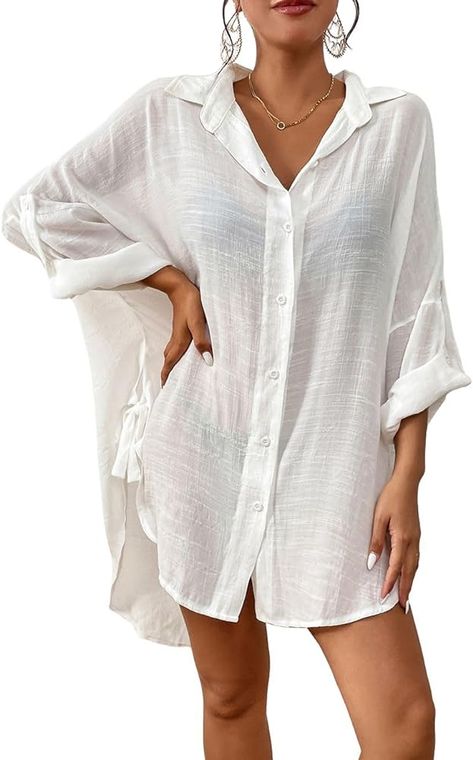 Bsubseach Women Button Down Beach Shirt Cover Up for Swimwear Blouse Tops White L at Amazon Women’s Clothing store Beach Cover Up Shirt, Stylish Bathing Suits, Summer Shirt Dress, Shirt Dress Fall, Clothes Beach, Pool Party Outfits, Beach Pool Party, Shirt Dress Summer, In The Beach