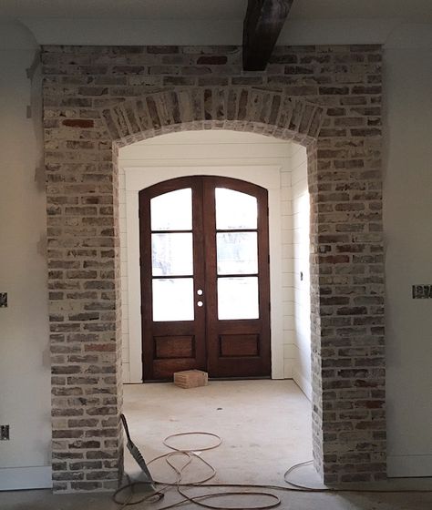 Interior brick arch and fireplace - The Refined Farmhouse Brick Arches Interior, Brick Entryway, Red Brick Interior, Arch Fireplace, Brick Arches, Brick Yard, Brick Archway, Chicago Brick, Brick Mason