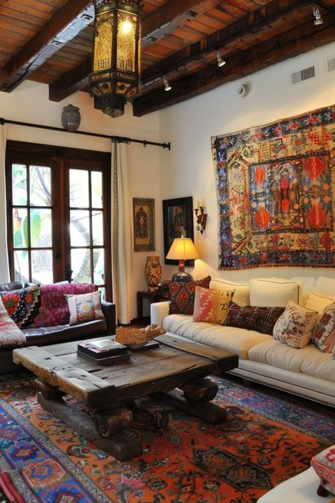 Discover 29 colorful Moroccan boho living room ideas. Infuse your space with vibrant colors, intricate patterns, and rich textures. Incorporate Moroccan rugs, lanterns, and artisanal decor. Blend bohemian charm with Moroccan flair to create a lively, exotic, and inviting living room that reflects a unique and spirited style. Living Room Decor Moroccan Style, Moroccan Rug Decor, Persian Interior Design Living Rooms, Morracan Room Ideas, Moroccan Interior Design Living Room, Mexican Living Room Decor Hacienda Style, Moroccan Living Room Ideas, Moroccan Interiors Living Room, Moroccan Inspired Living Room