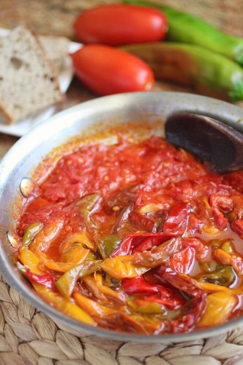 Peperonata (Italian Sweet Peppers with Tomatoes) - Christina's Cucina Italian Antipasto, Tomato Dishes, Rustic Recipes, Sweet Pepper, Sandwich Fillings, Sweet Peppers, How To Make Sandwich, Plum Tomatoes, Crusty Bread