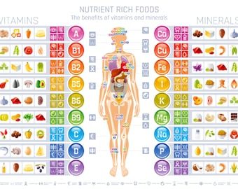 Vitamins Charts 8 X 10 - Etsy Canada Vitamin And Mineral Chart, Nutritional Eating, Vitamin Sources, Vitamin Foods, Vitamin Chart, Mineral Chart, Fingernail Health, Vitamin Charts, Wellness Guide