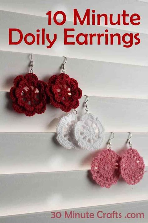 10 Minute Doily Earrings , 10+ Cute And Easy 10 Minute Crochet Projects [Free Patterns] Crochet Projects Free, Crochet Project Free, Crochet Jewlery, Earrings Patterns, Crochet Jewelry Patterns, Crochet Earrings Pattern, Mode Crochet, Crochet Booties, Valentines Jewelry