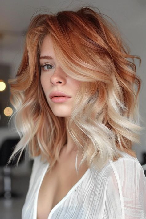 Platinum Blonde Balayage On Red Hair, Outfit Ideas Ginger Hair, Blonde Balayage With Red, Red Haircut Ideas, From Red Hair To Blonde, Red Hair Blonde Balayage, Copper To Blonde Balayage, Ginger Hair With Blonde Balayage, Red Hair With Balayage