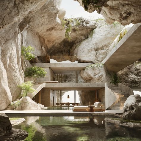 cave dwelling x luxury ✨🖤 - Carved into a forgotten island, this multi-level sanctuary blends modern luxury with ancient tradition. Natural light graces a cave pool, whispering tales of nature and designs’ coexistence 🧚‍♂️ - #cavedweller #islandliving🌴 #architecturaldetails #architecturaldesigns #organicarchitecture #contemporarystyle #contemporarydecor #ancientarchitecture #naturallighting #midjourneyarchitecture #luxuryarchitecture #interiordesigncommunity #architecturephotography #biophili... Modern Cave House, Cave Architecture, Sims Architecture, Unique Houses Exterior, Cave Dwelling, Island Architecture, Cave Houses, Cave Pool, Restaurant Layout