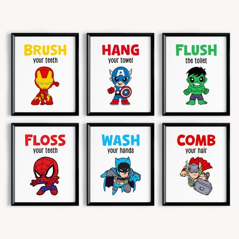 🦸 Superhero wall art doing bathroom routine! Bathroom Superhero Decor. This fun and vibrant set of 6 prints is perfect for your little superhero's bathroom and nursery! Boys Bathroom Ideas Kid Decor, Toddler Boy Bathroom Ideas, Boys Bathroom Ideas Kid, Avengers Bathroom, Marvel Bathroom, Boy Bathroom Ideas, Spiderman Decor