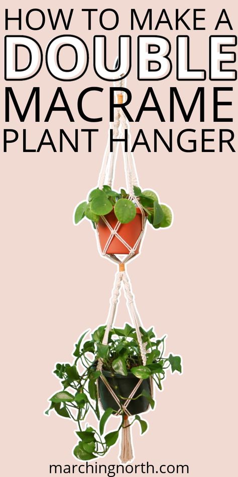 a double macrame plant hanger with 2 plants inside against a pink background Double Macrame Plant Hanger, Diy Macrame Plant Hanger Easy, Diy Macrame Plant Hanger Pattern, Diy Macrame Plant Hanger Tutorials, Como Plantar Pitaya, Plant Hanger Pattern, Rope Plant Hanger, Macrame Plant Hanger Tutorial, Free Macrame Patterns