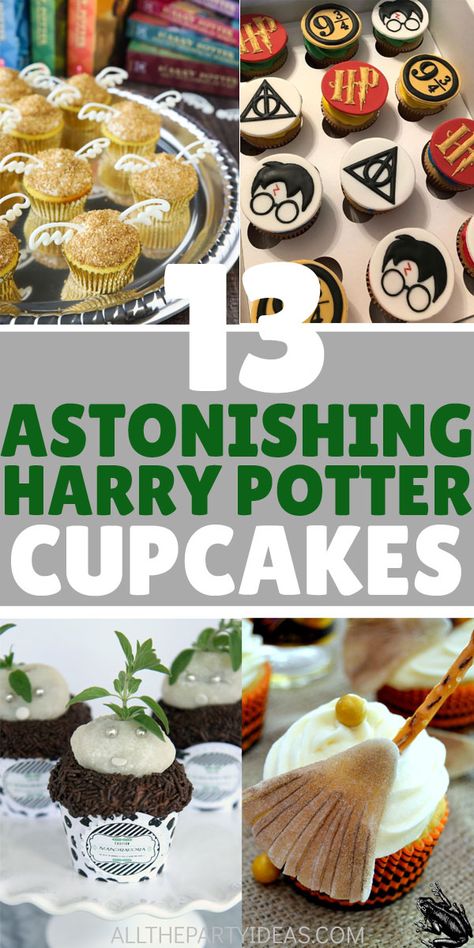 Best HARRY POTTER CUPCAKES for kids, teens, adults, both boys and girls. How to make simple DIY Harry Potter sweets, desserts for birthday party, baby or bridal shower, wedding, or Halloween nerd friends. Sorting hat, Gryffindor, Slytherin, Ravenclaw, Hufflepuff Hogwarts house colors, Hedwig owl, mandrake, golden snitch, unicorn, broom, wand, glasses, spell books, other ideas. Pull apart or baking tower display. Free printable toppers, liners, wrappers. See food recipes with pumpkin pasties, etc Harry Potter Cupcake Ideas, Harry Potter Pull Apart Cupcakes, Desserts For Birthday Party, Harry Potter Cupcakes Ideas, Mandrake Cupcakes, Harry Potter Sweets, Harry Potter Motto Party, Harry Potter Cupcake Toppers, Harry Potter Desserts